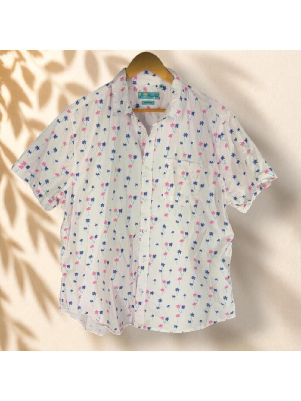 Joe Marlin Shirt Men XL White Hawaii Print Button Up Collared Tapered Fit Cotton